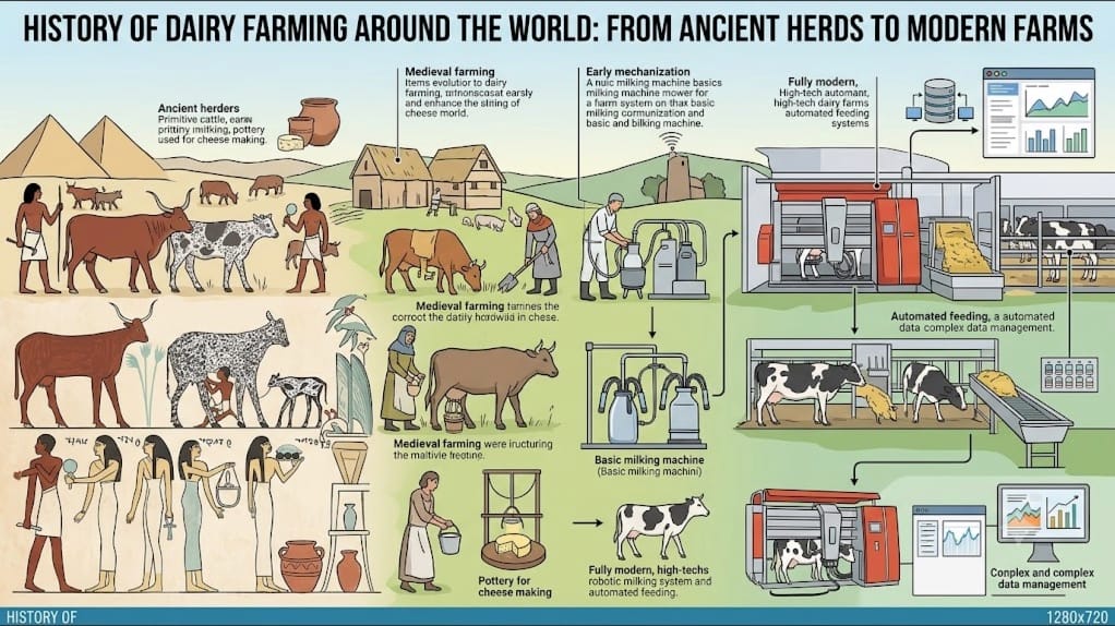Read more about the article History of Dairy Farming Around the World: From Ancient Herds to Modern Farms