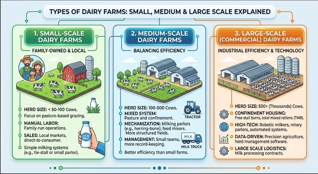 Read more about the article Types of Dairy Farms: Small, Medium & Large Scale Explained