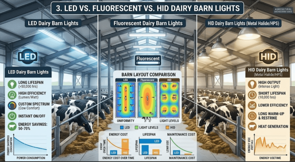 LED vs. Fluorescent vs. HID Dairy Barn Lights