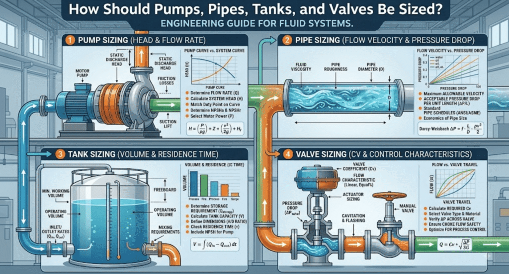 Pumps, Pipes, Tanks, and Valves Be Sized