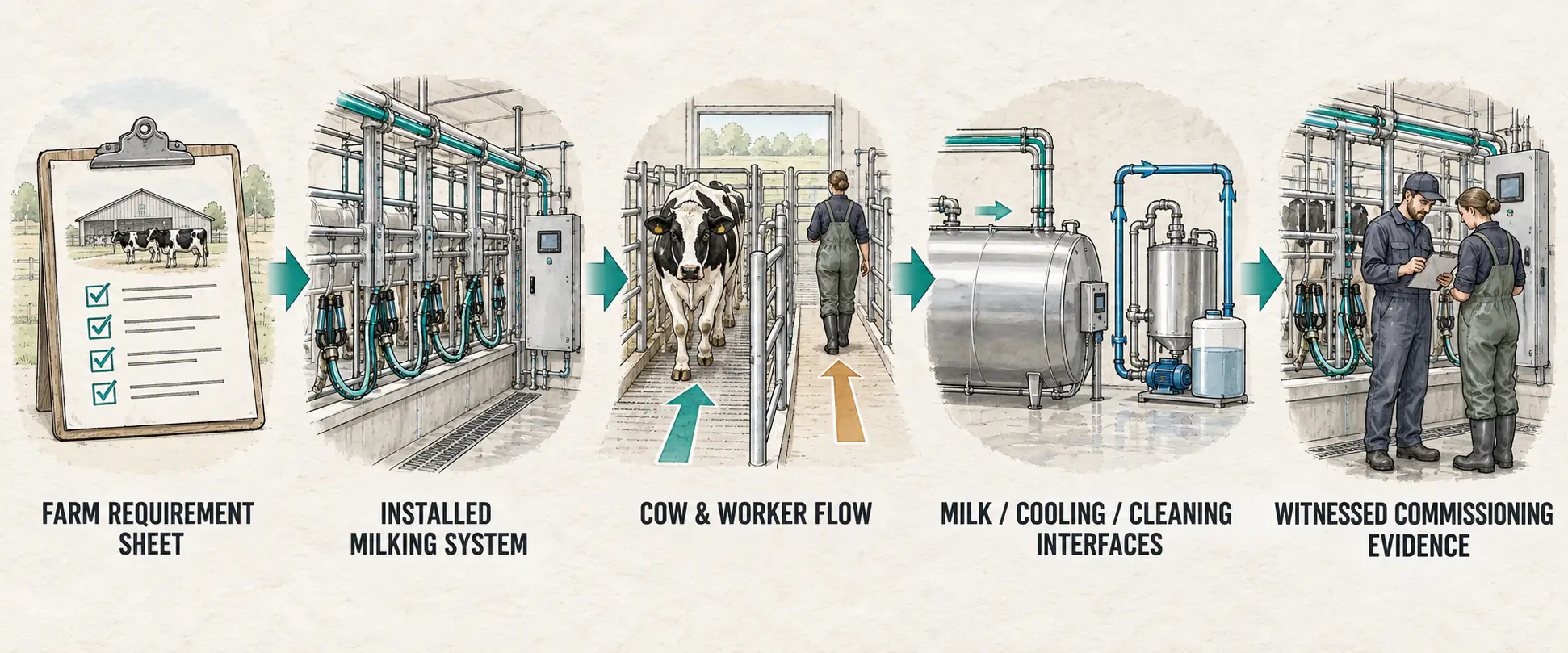 Procurement and commissioning gates for dairy milking equipment